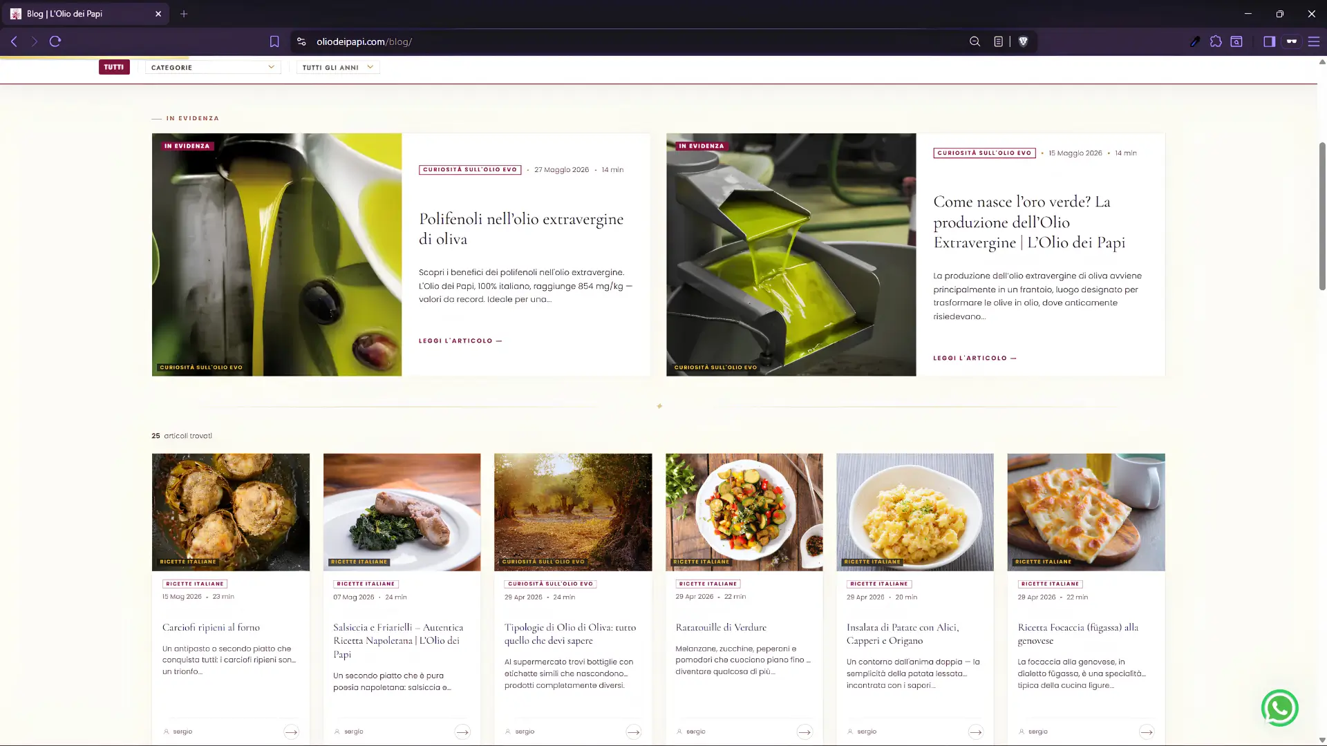 Pannello di gestione articoli del blog L'Olio dei Papi con filtri per categoria e anno