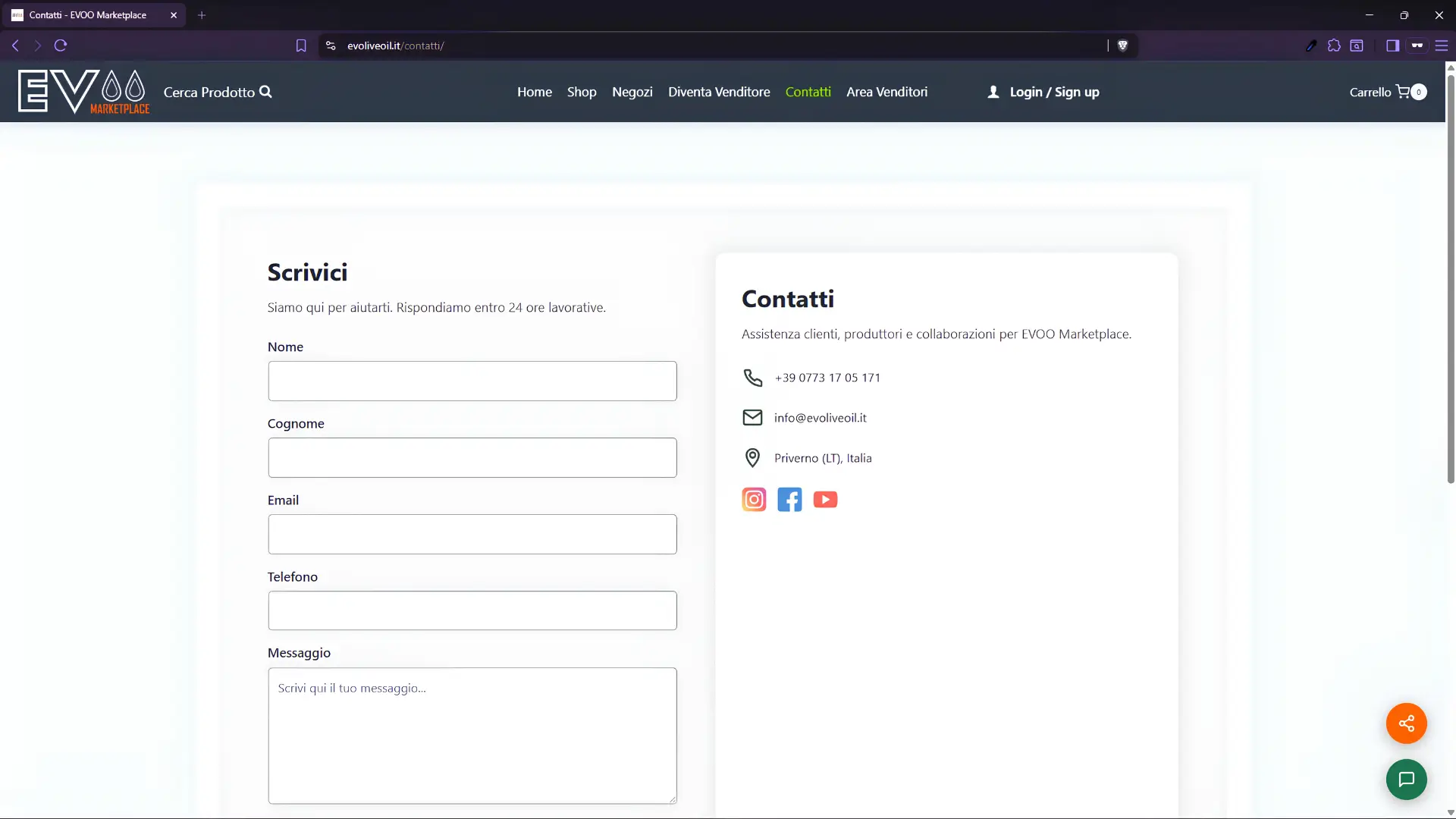 Pagina Contatti di EVOO Marketplace con form di contatto e informazioni