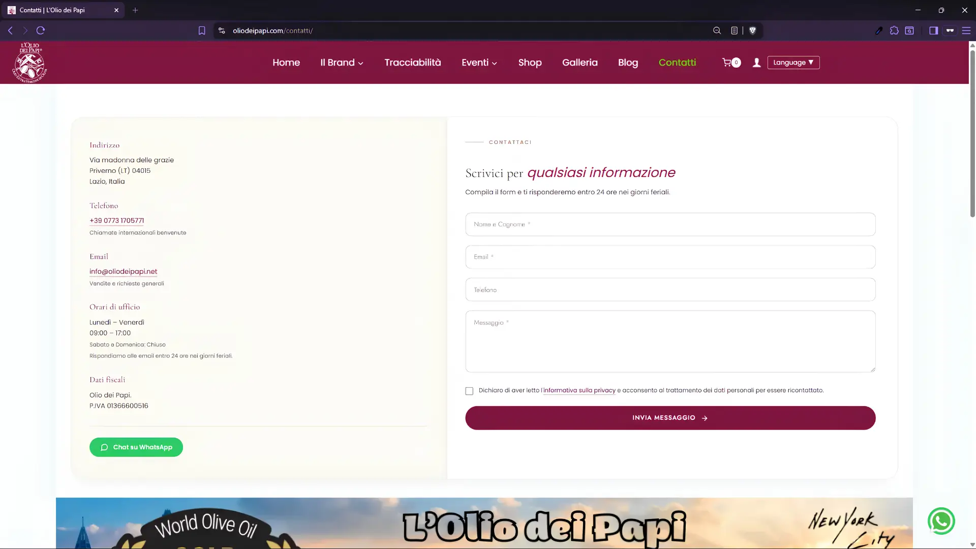 Pagina Contatti de L'Olio dei Papi con form, indirizzo e contatto WhatsApp