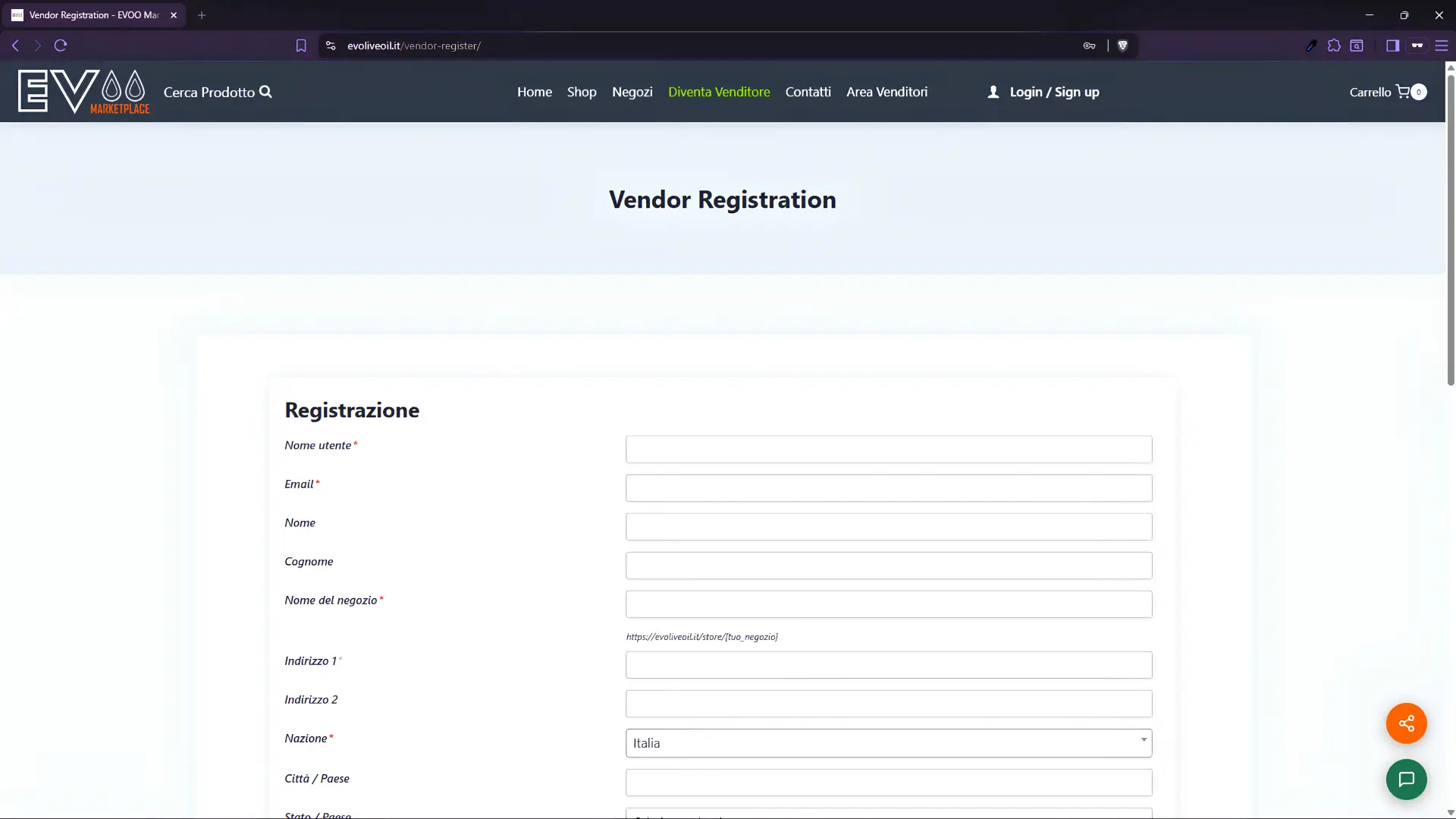 Pagina Diventa Venditore di EVOO Marketplace con modulo di richiesta per piccoli produttori italiani