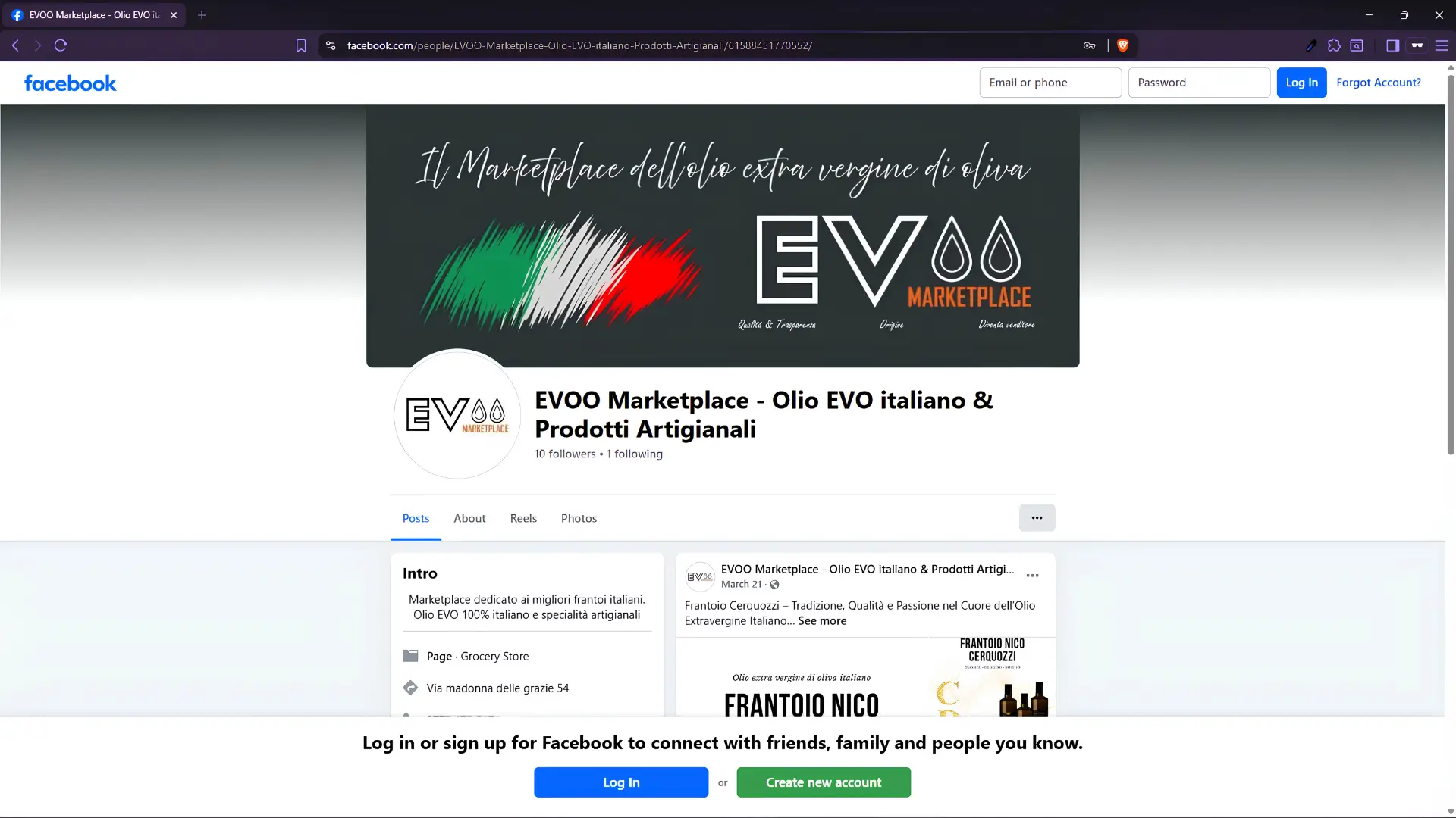 Pagina Facebook di EVOO Marketplace – olio extravergine italiano e prodotti artigianali