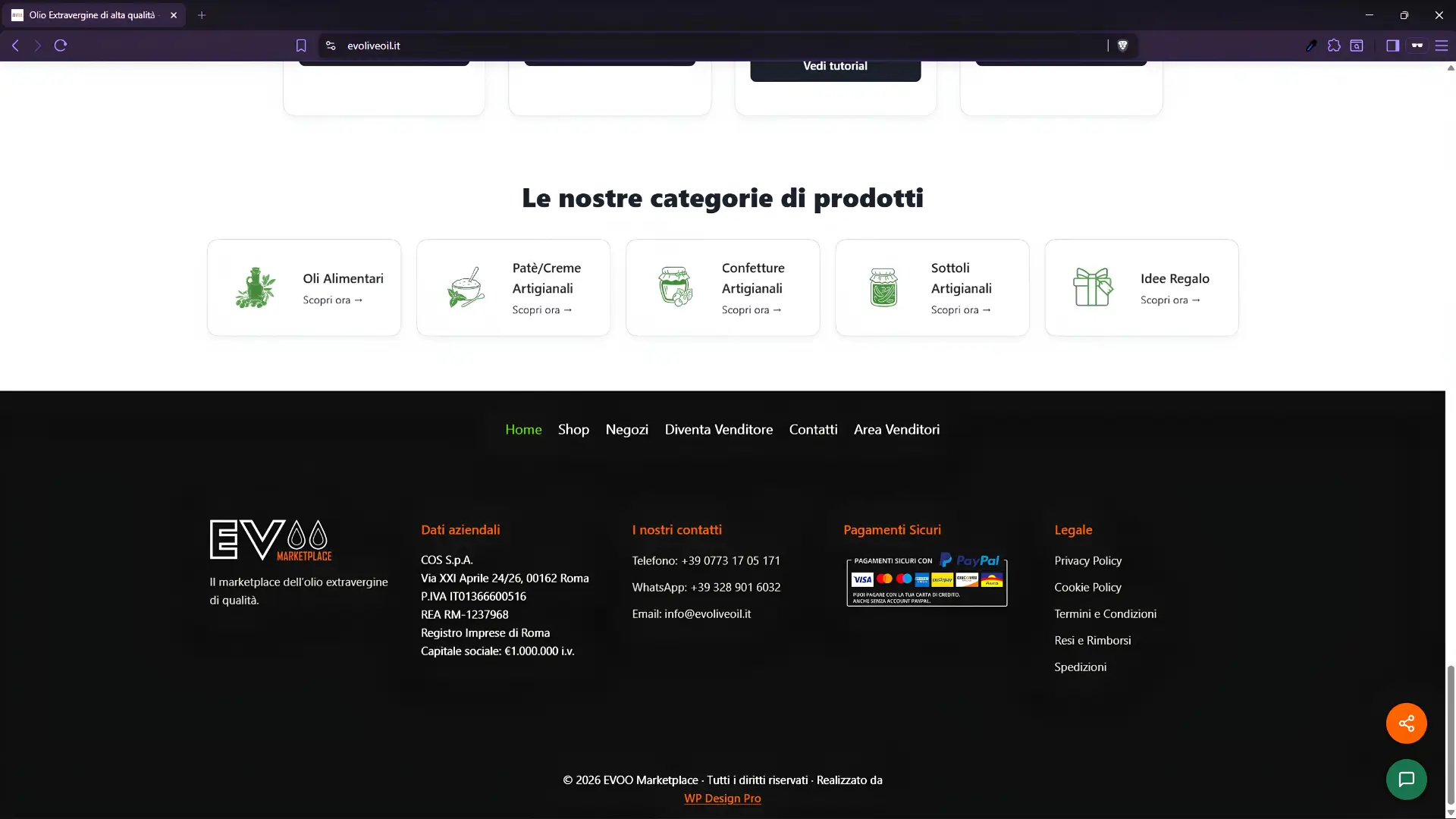 Footer del marketplace EVOO con link e informazioni del sito evoliveoil.it