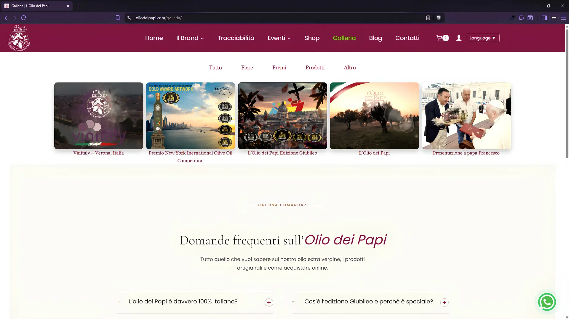 Pagina Galleria de L'Olio dei Papi con premi, fiere e riconoscimenti internazionali