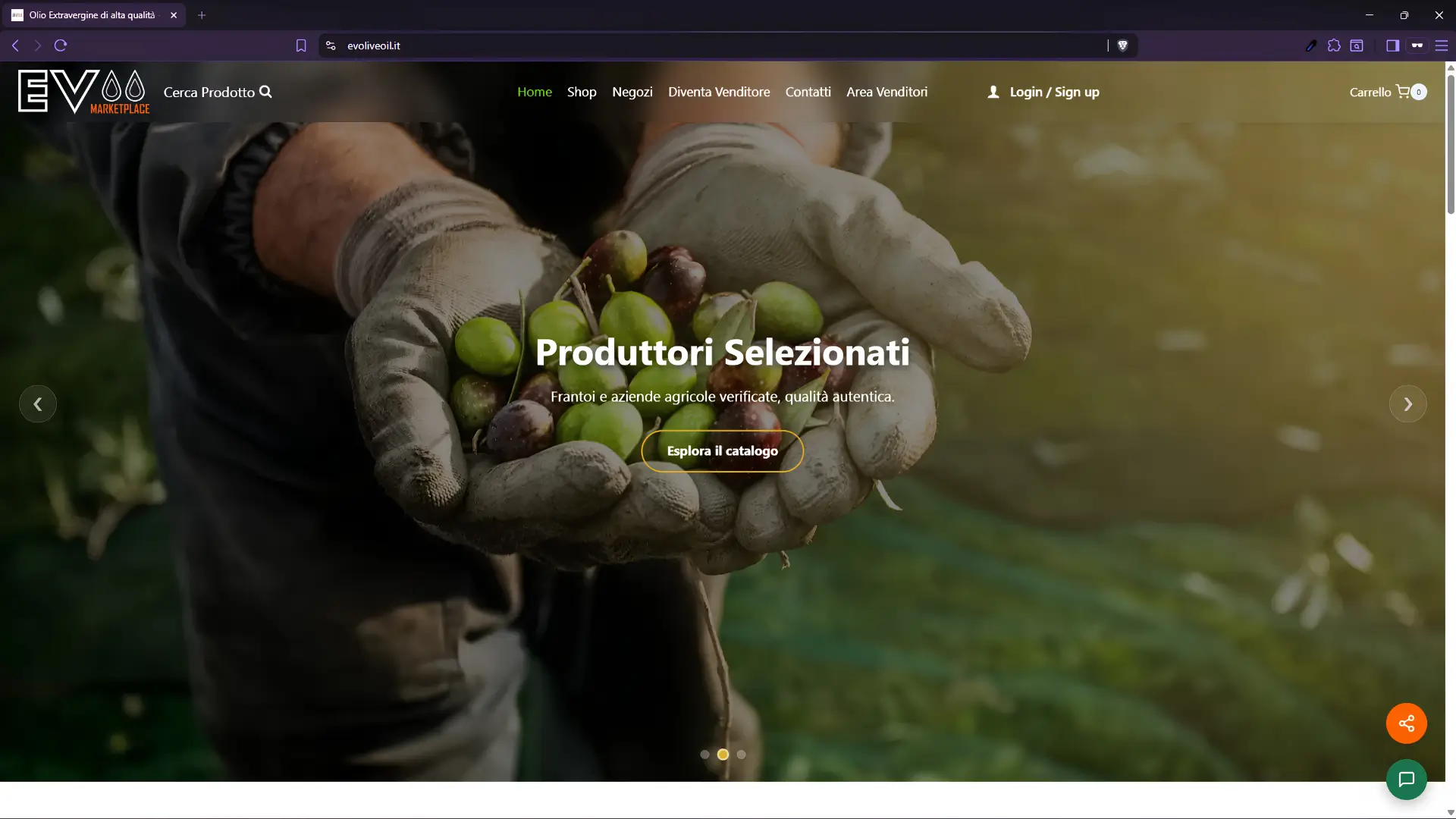 Homepage di EvoliveOil, marketplace per olio extravergine di oliva italiano e prodotti artigianali