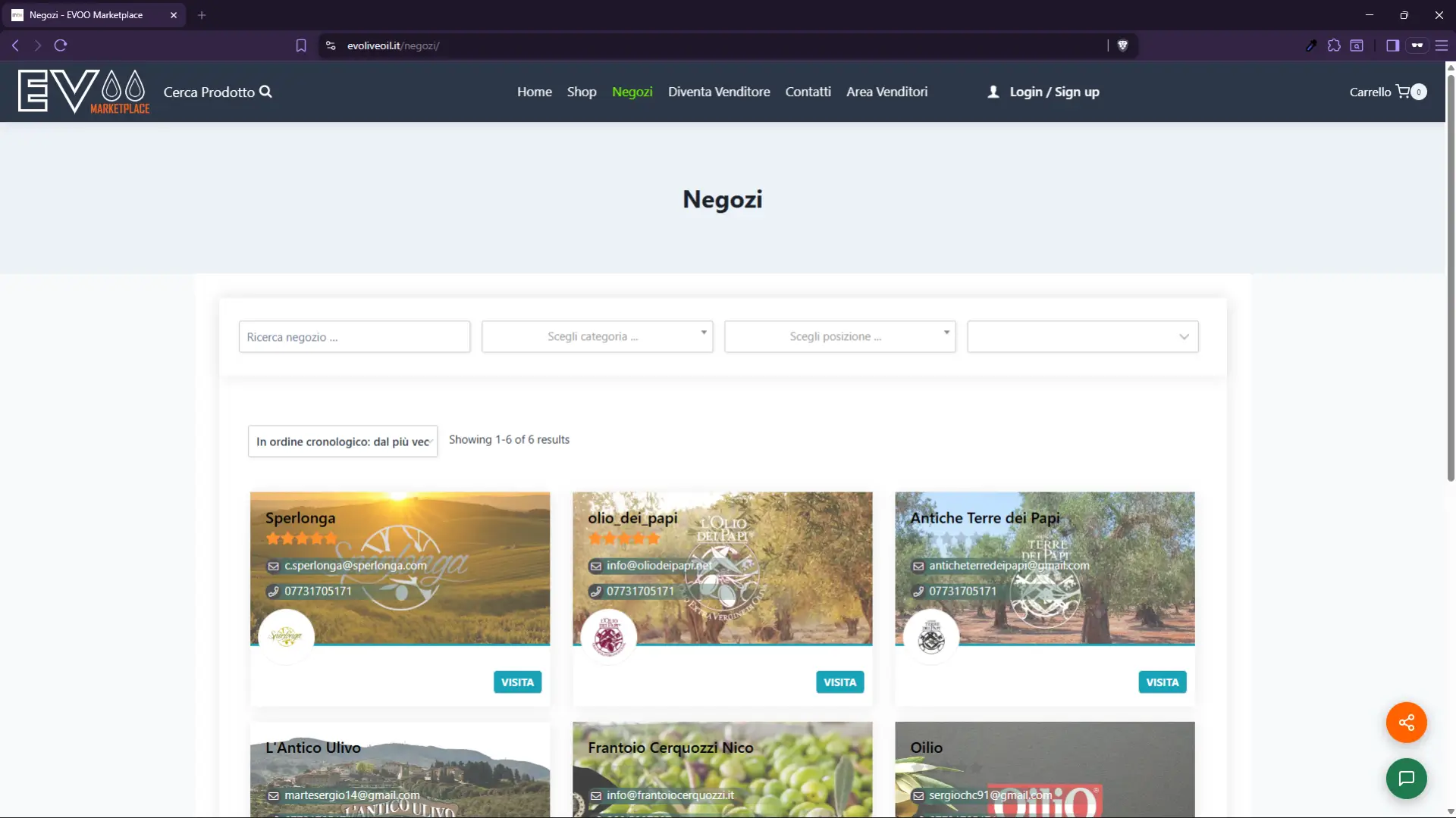 Pagina Negozi di EVOO Marketplace con l'elenco dei piccoli produttori approvati
