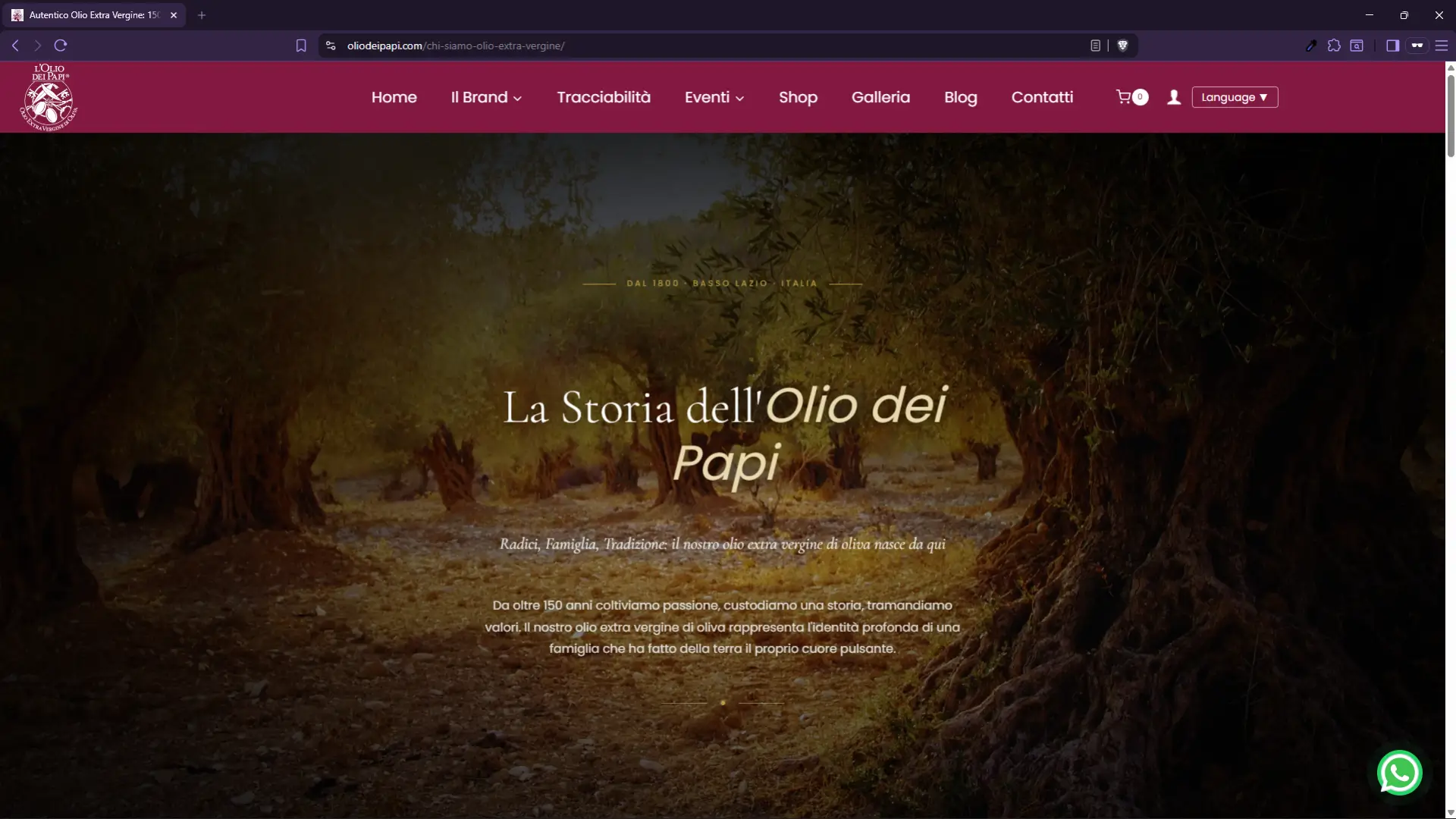 Pagina Chi Siamo de L'Olio dei Papi con la storia della famiglia produttrice di olio extravergine