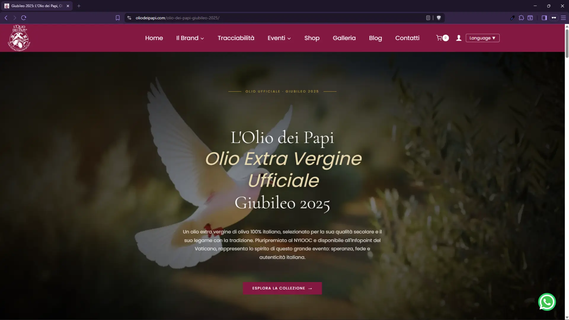 Landing page Giubileo 2025: olio extravergine ufficiale L'Olio dei Papi pluripremiato al NYIOOC