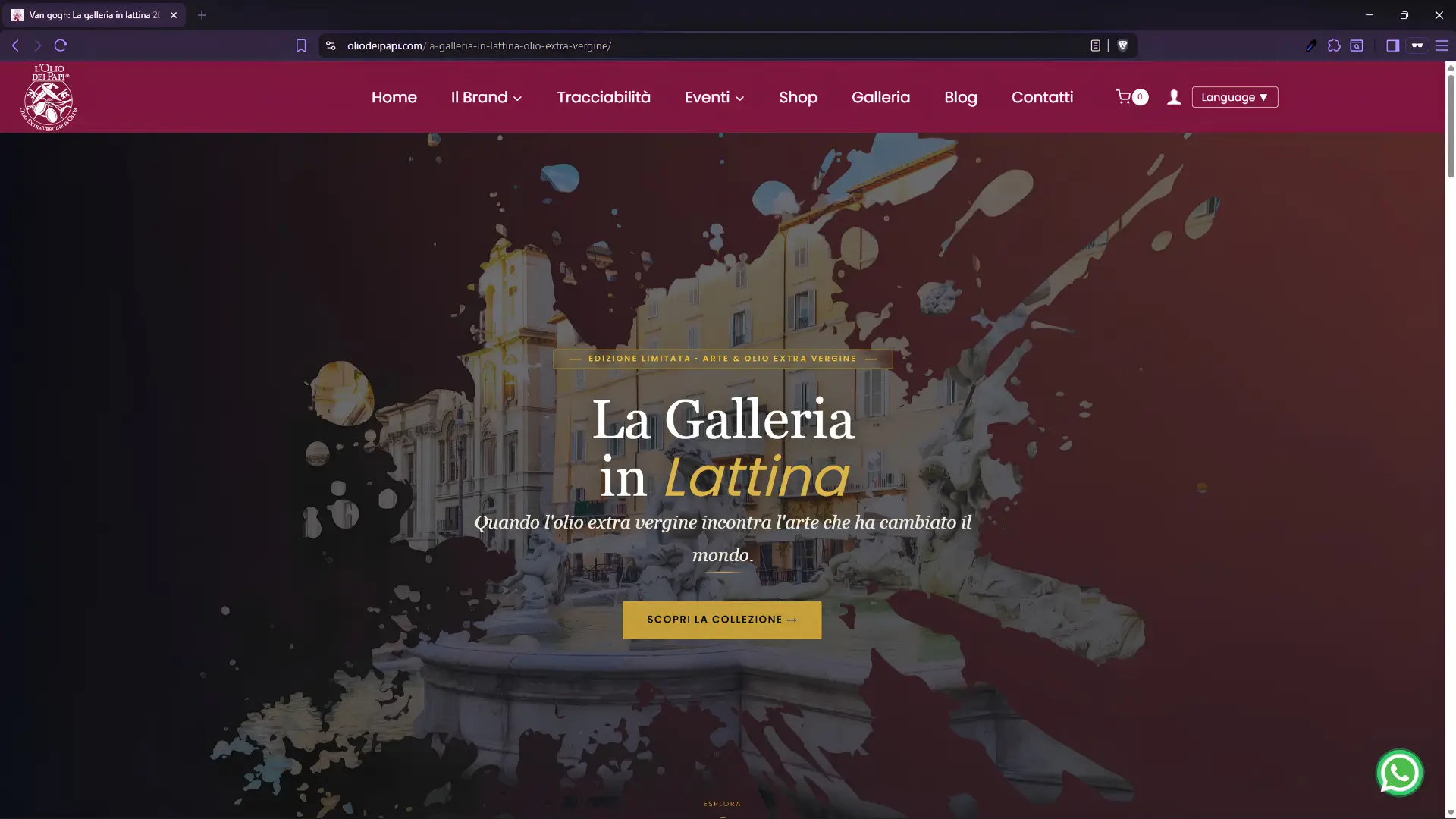 Landing page edizione limitata La Galleria in Lattina con artwork Van Gogh per L'Olio dei Papi