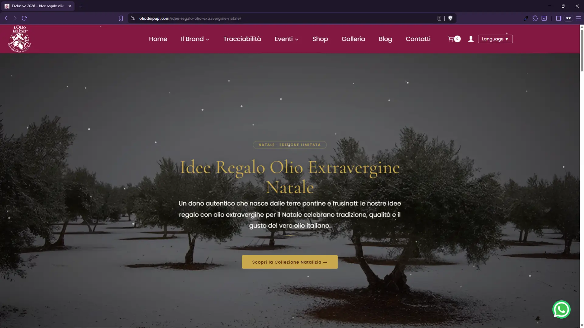 Landing page idee regalo Natale con olio extravergine L'Olio dei Papi edizione limitata