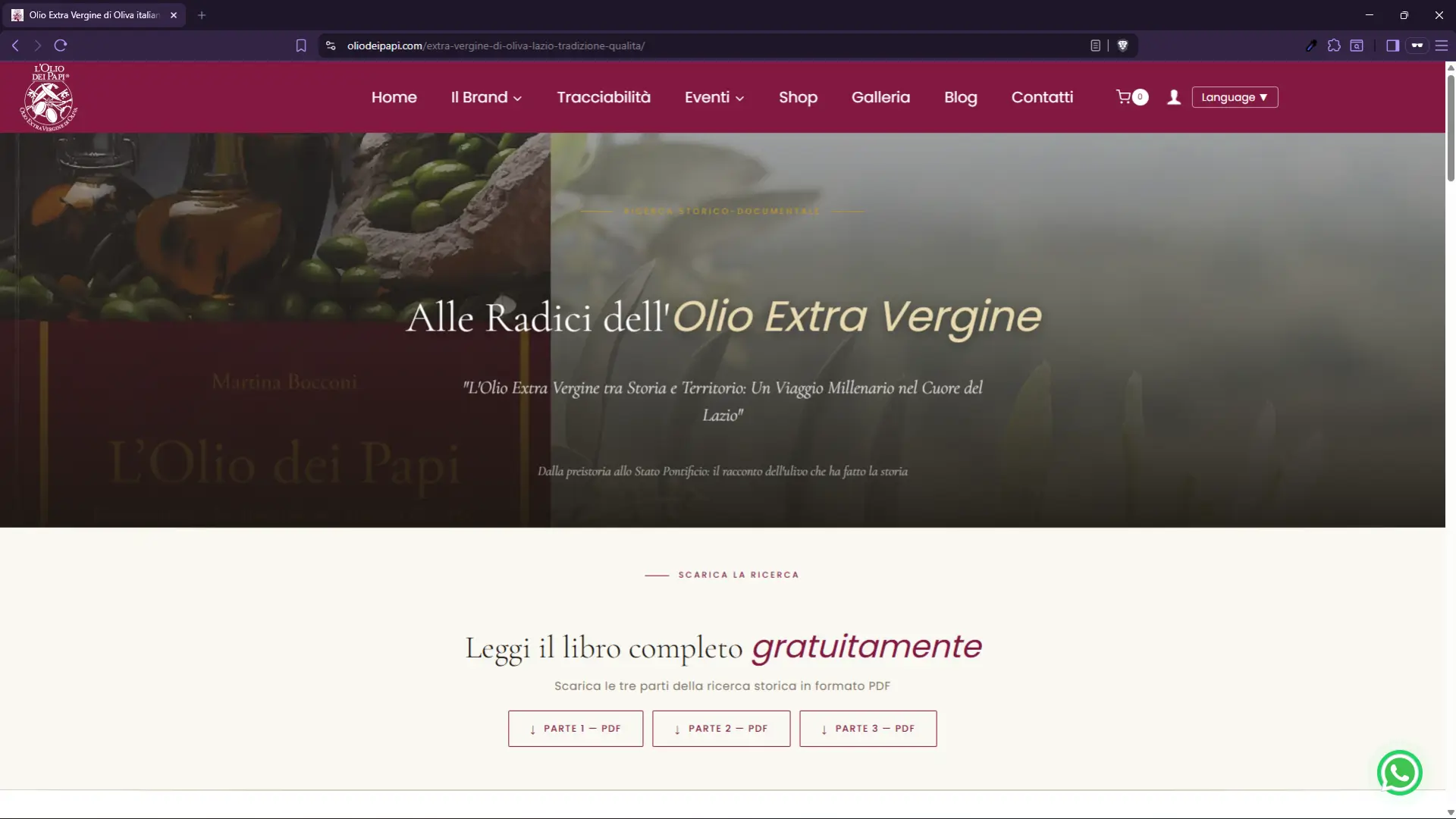 Pagina ricerca storico-documentale alle radici dell'olio extravergine del Lazio per L'Olio dei Papi