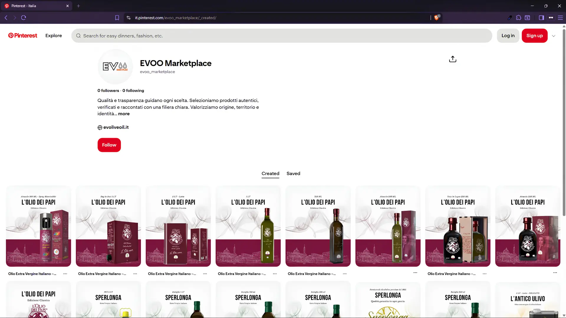 Profilo Pinterest di EVOO Marketplace con contenuti sull'olio extravergine e prodotti italiani