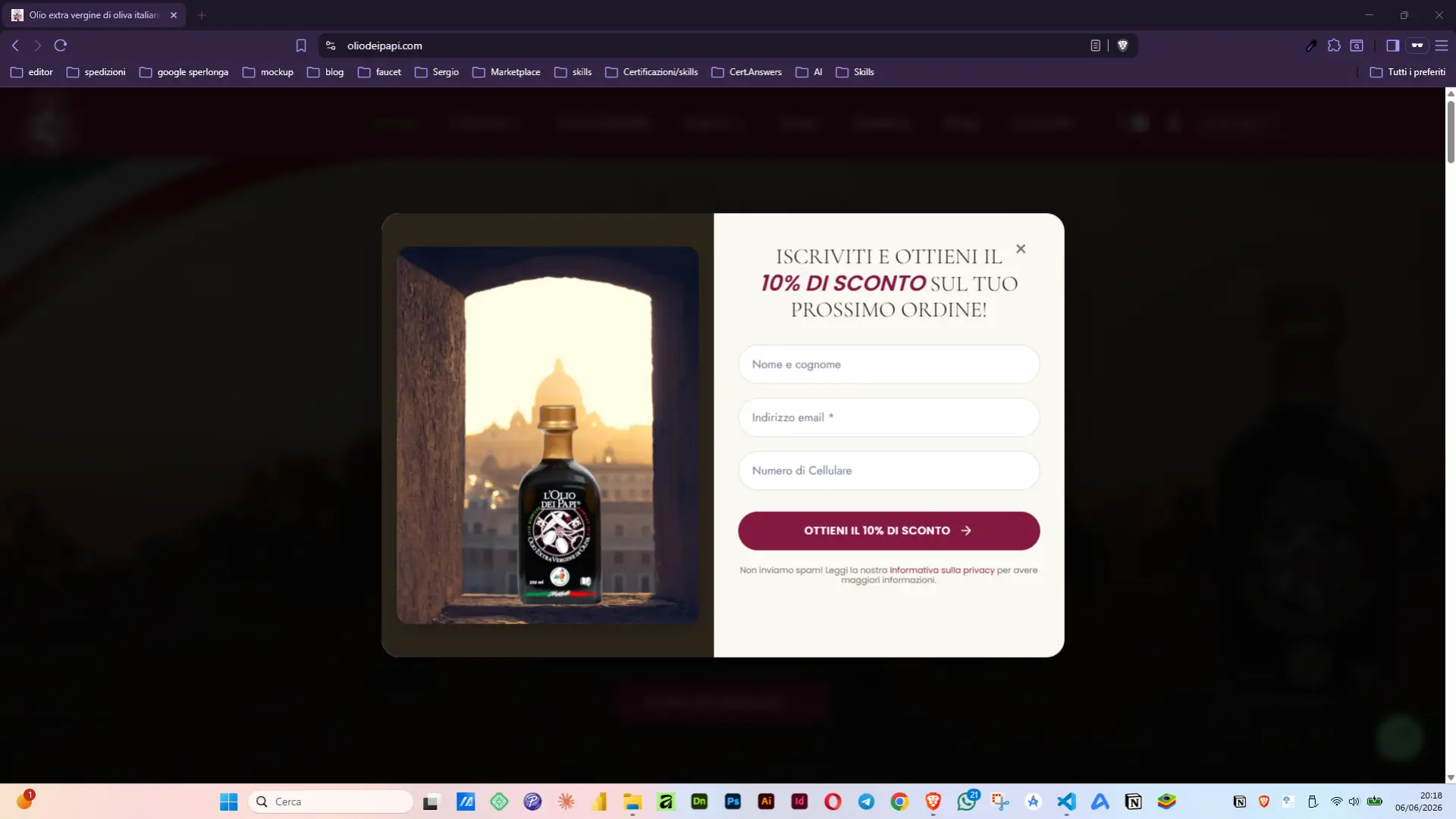 Popup di iscrizione newsletter con sconto 10% sulla homepage L'Olio dei Papi