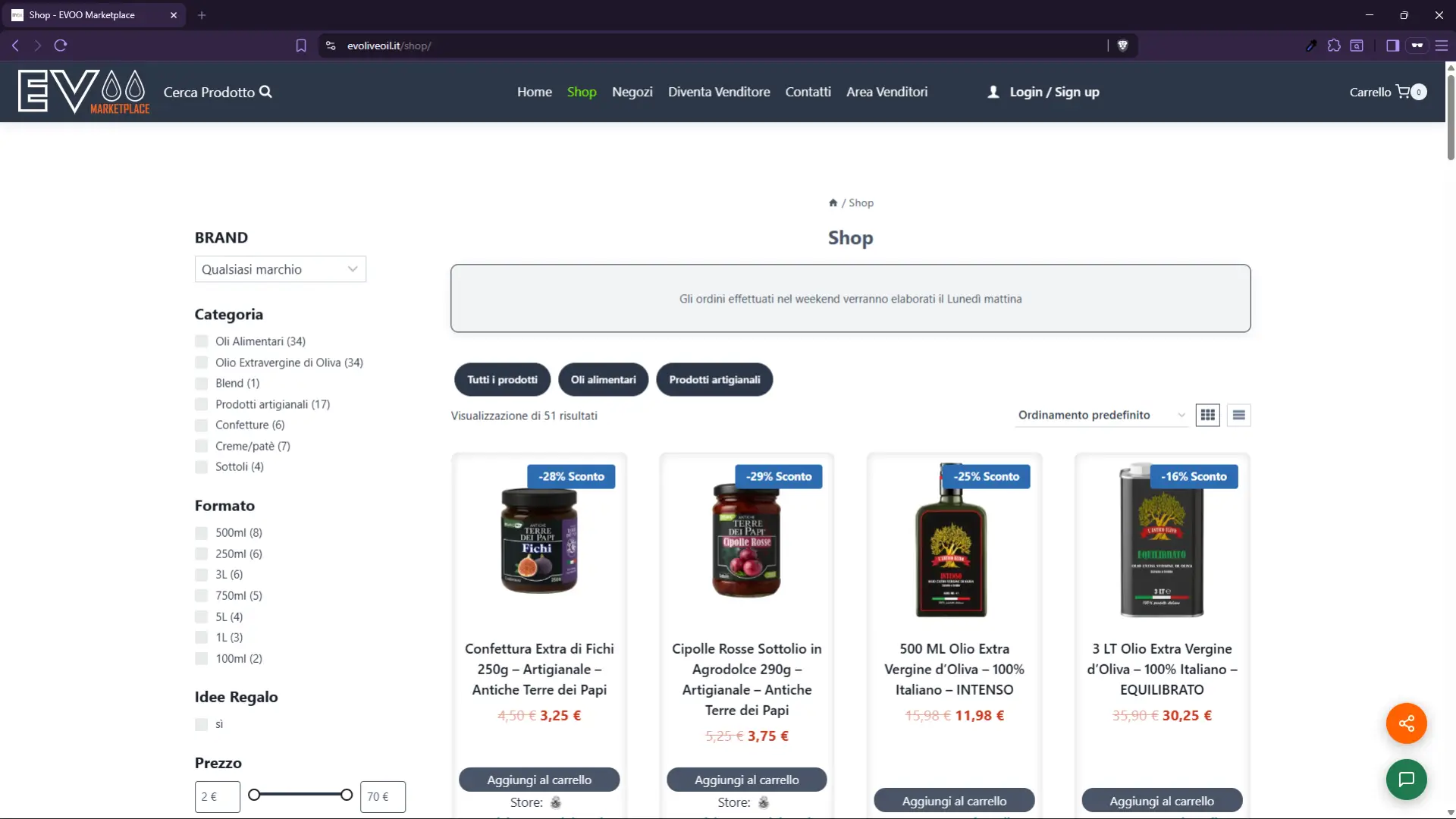 Pagina Shop di EVOO Marketplace con catalogo olio extravergine e prodotti artigianali italiani