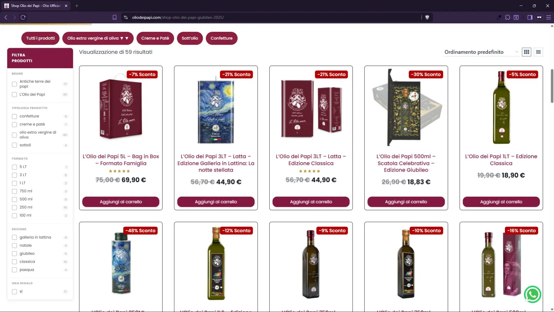 Sistema di filtro prodotti custom dello shop L'Olio dei Papi per brand, formato ed edizione
