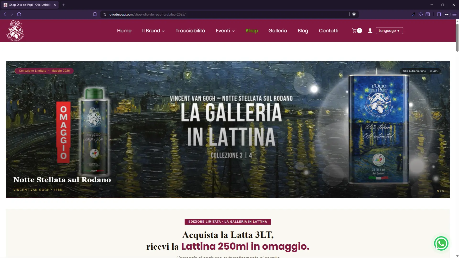 Pagina Shop de L'Olio dei Papi con banner edizioni speciali e catalogo prodotti WooCommerce
