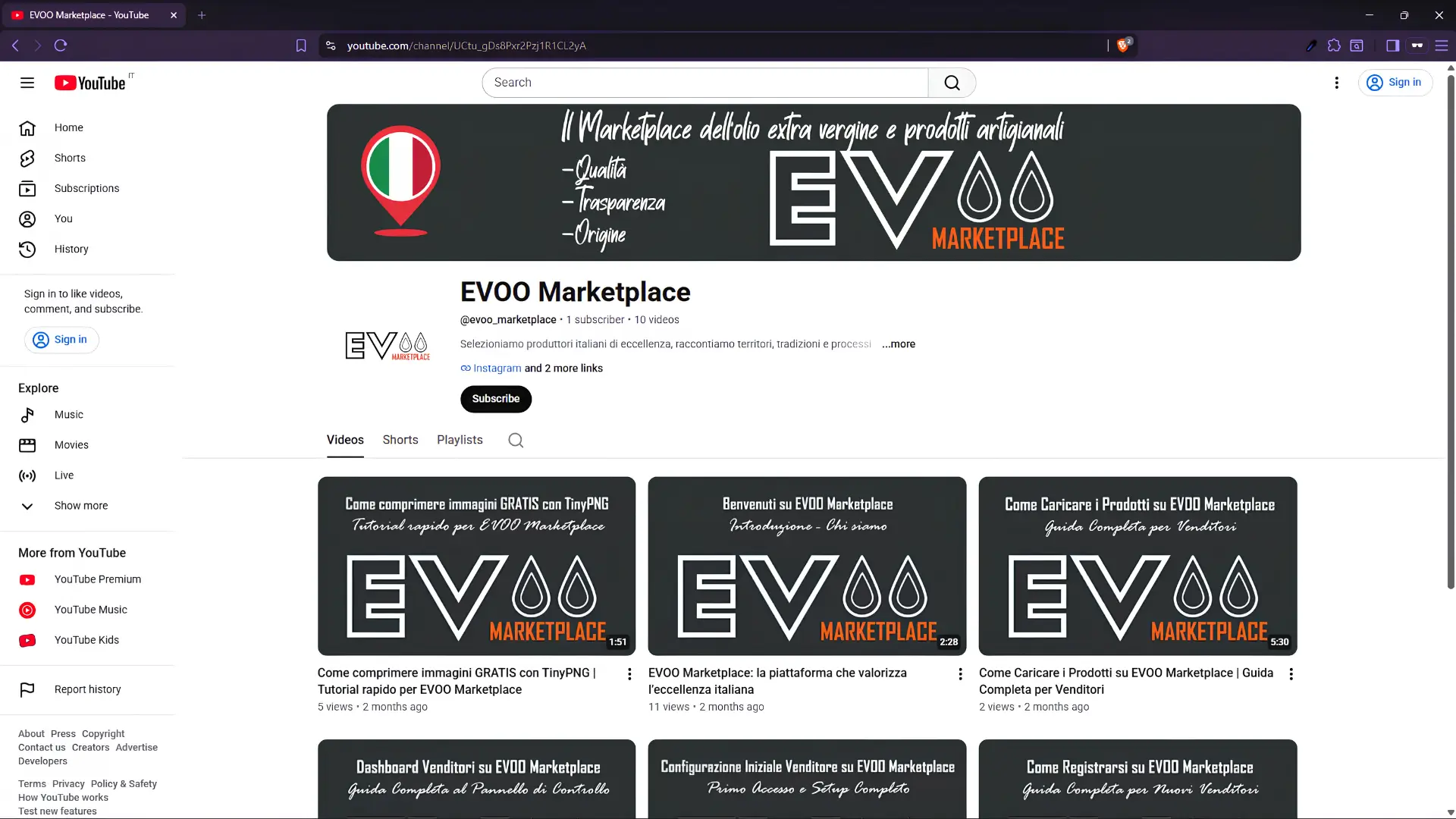 Canale YouTube di EVOO Marketplace con tutorial per venditori e contenuti sull'olio EVO